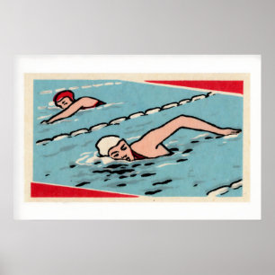 Affiche Piscine de nageurs Bleu Rouge Blanc Boîte d'allume