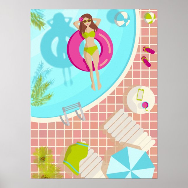 Affiche Piscine fille en bikini plage d'été (Devant)