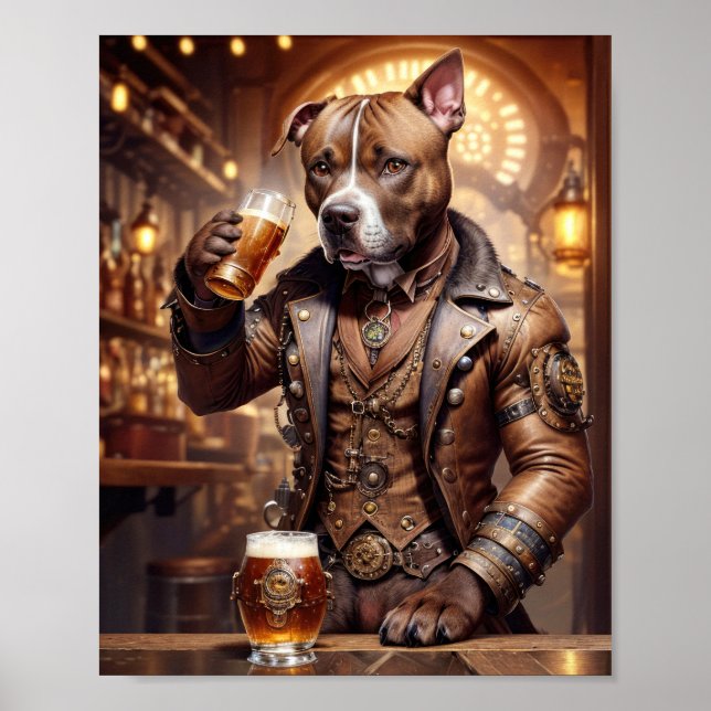 Affiche Pitbull en robe steampunk buvant de la bière dans  (Devant)