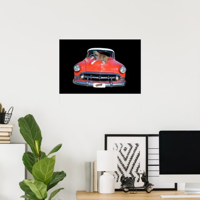 Affiche Pitbull Puppy Sur Une Voiture Rouge Classique, (Bureau à domicile)
