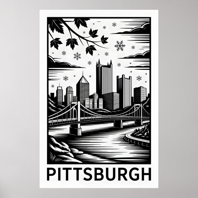 Affiche Pittsburgh Skyline Black & White Winter City (Devant)