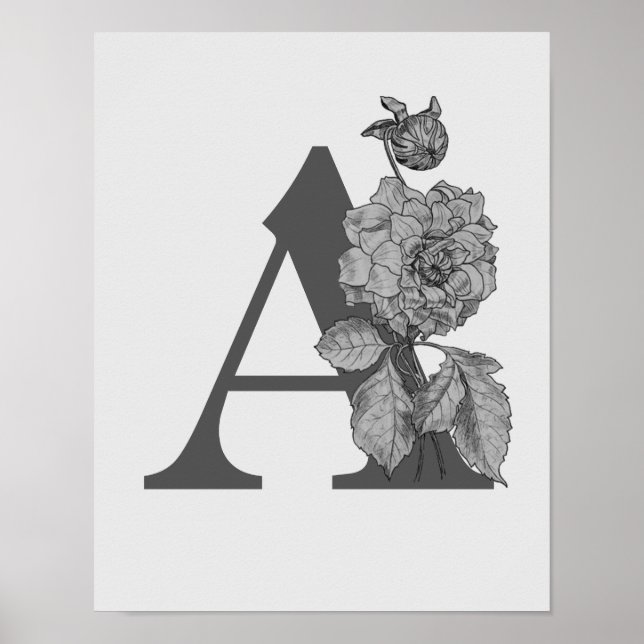 Affiche Pivoine argentée Élégant monogramme initial A (Devant)