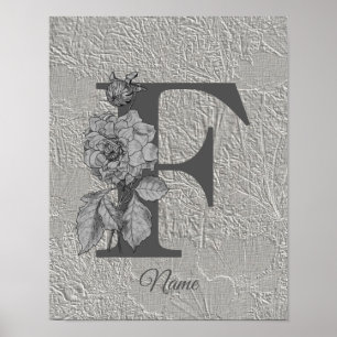 Affiche Pivoine argentée Élégant monogramme initial F Votr
