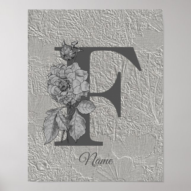 Affiche Pivoine argentée Élégant monogramme initial F Votr (Devant)