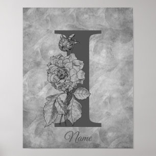 Affiche Pivoine Élégant Monogramme Initial I Personnalisé