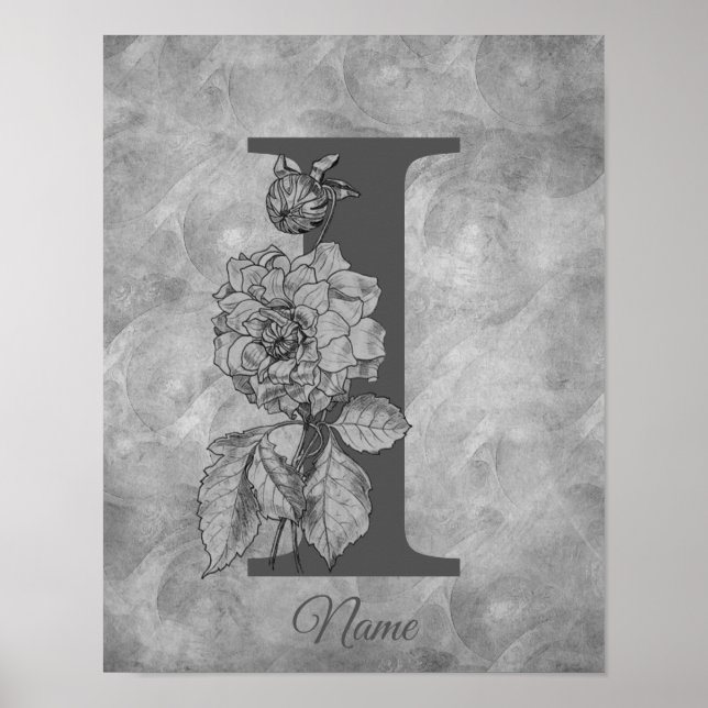 Affiche Pivoine Élégant Monogramme Initial I Personnalisé (Devant)