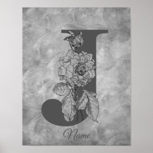 Affiche Pivoine Élégant Monogramme Initiale J Personnalisé