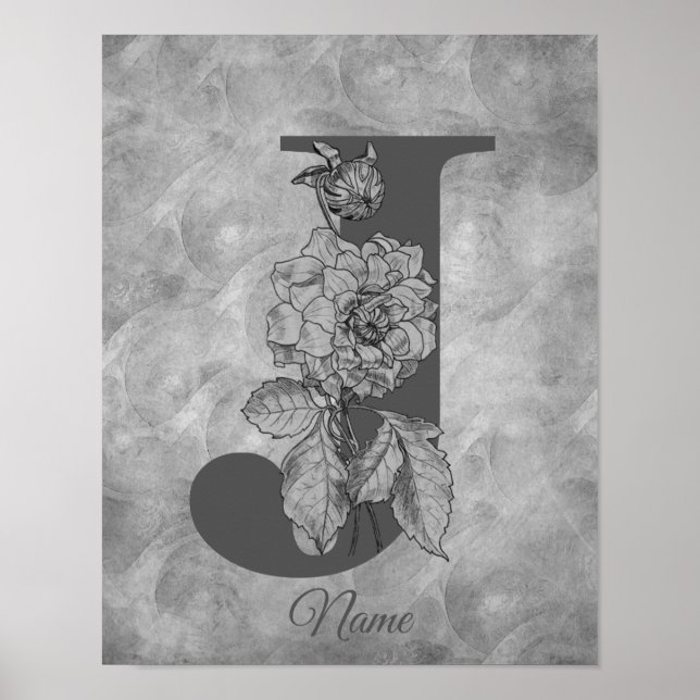 Affiche Pivoine Élégant Monogramme Initiale J Personnalisé (Devant)