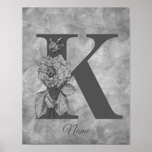 Affiche Pivoine Élégant Monogramme Initiale K Personnalisé