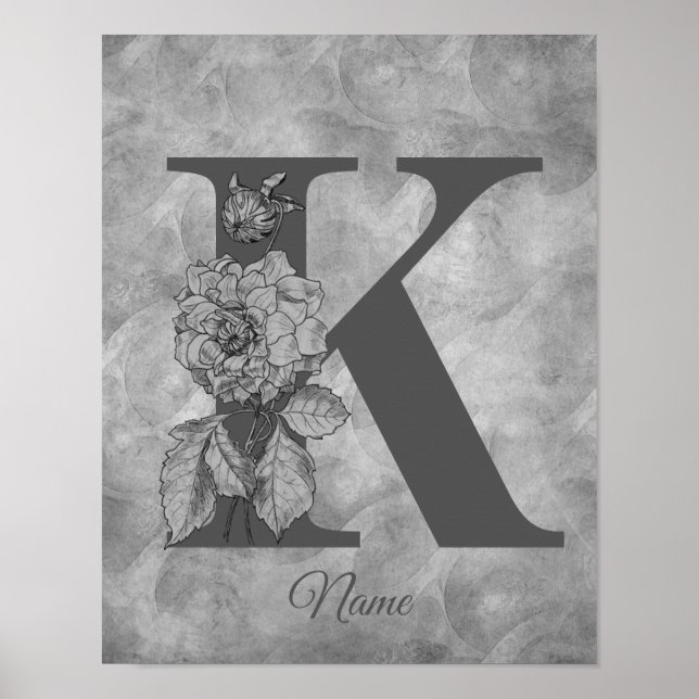 Affiche Pivoine Élégant Monogramme Initiale K Personnalisé (Devant)