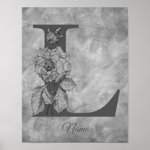 Affiche Pivoine Élégant Monogramme Initiale L Personnalisé