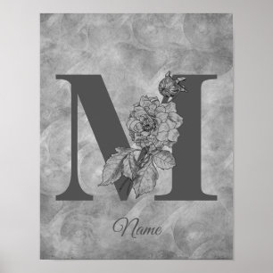 Affiche Pivoine Élégant Monogramme Initiale M Personnalisé