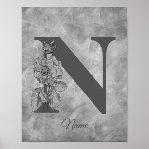 Affiche Pivoine Élégant Monogramme Initiale N Personnalisé