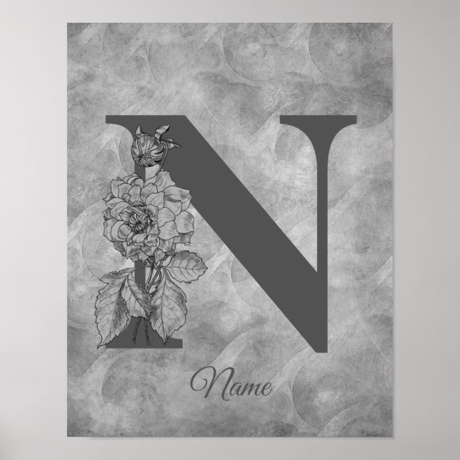 Affiche Pivoine Élégant Monogramme Initiale N Personnalisé (Devant)