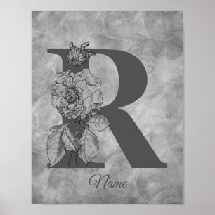Affiche Pivoine Élégant Monogramme Initiale R Personnalisé