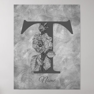Affiche Pivoine Élégant Monogramme Initiale T Personnalisé
