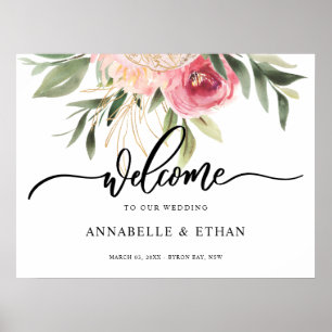 Affiche Pivoine et feuille d'or Signe de bienvenue Bloom
