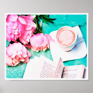 Affiche Pivoine Florale Rose Pêche Latte Aquarelle