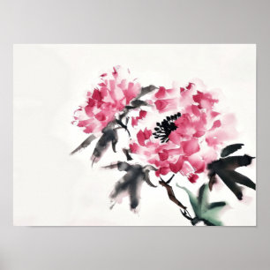 Affiche Pivoine peinture d'art minimal japonais