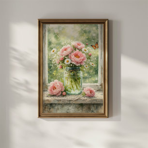 Affiche Pivoines dans un vieux pot en verre