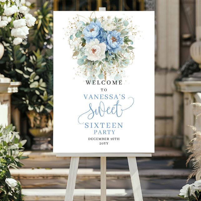 Affiche Pivoines de verdure bleue rustique Bienvenue à la  (Rustic Blue Peonies Greenery Sweet Sixteen)