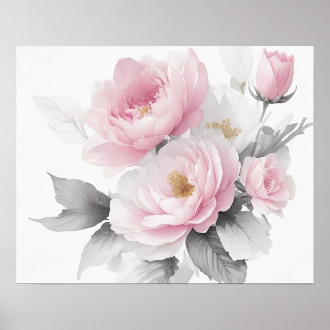 Affiche Pivoines roses à l'aquarelle (Devant)