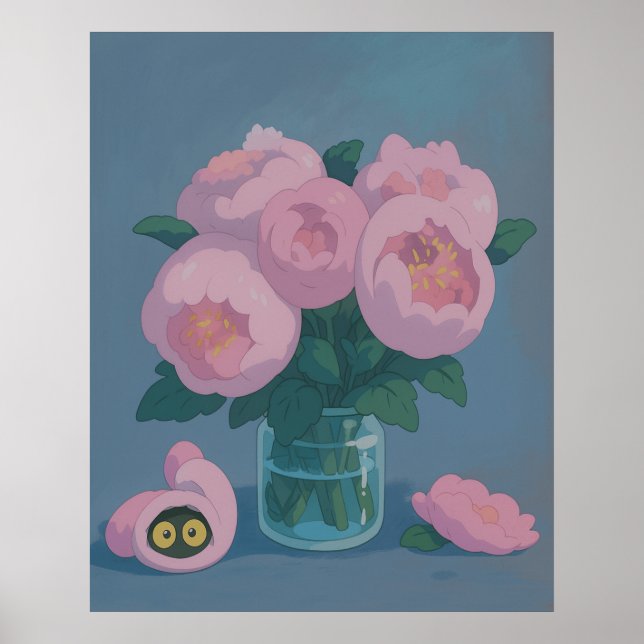 Affiche Pivoines roses avec des yeux de chat cachés (Devant)
