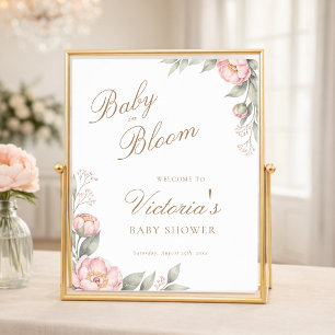 Affiche Pivoines Roses en Fleur Fille Baby Shower Bienvenu