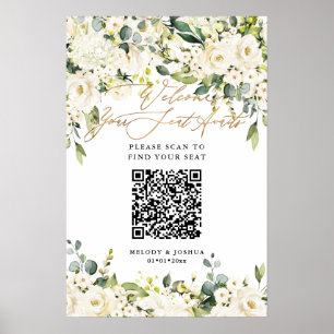 Affiche PixDezines Élégant Alabaster Floral QR Plan de tab