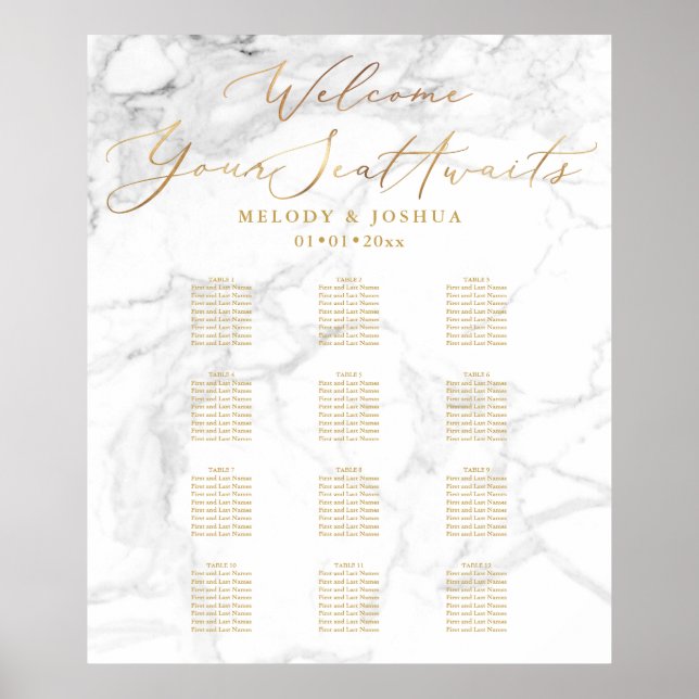 Affiche PixDezines Marble+Faux Gold Script, Seating Chart (Devant)