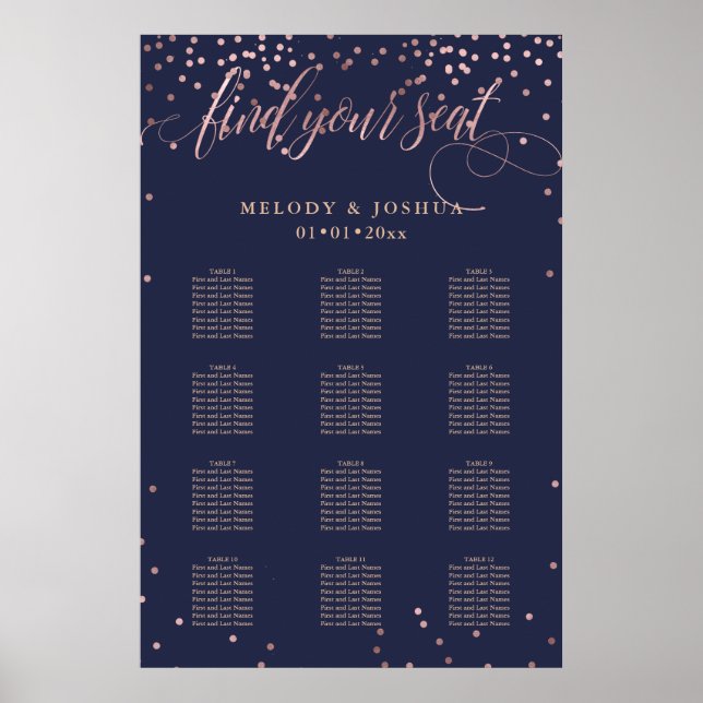 Affiche PixDezines Marine+Rose Gold Script, Seating Chart (Devant)