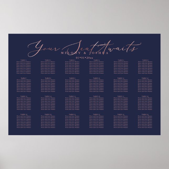 Affiche PixDezines Marine+Rose Gold Script, Seating Chart (Devant)
