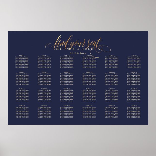 Affiche PixDezines Navy+Gold Calligraphy, Seating Chart (Devant)