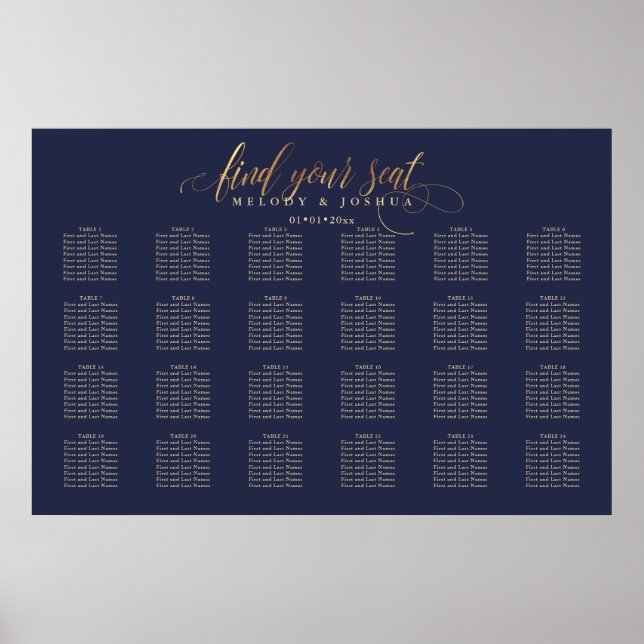 Affiche PixDezines Navy+Gold Calligraphy, Seating Chart (Devant)