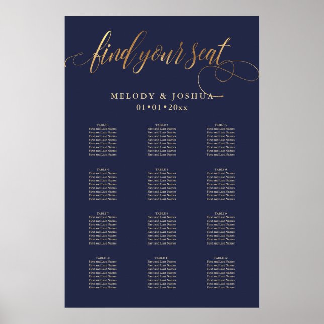 Affiche PixDezines Navy+Gold Calligraphy, Seating Chart (Devant)