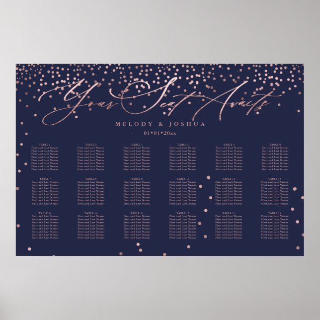 Affiche PixDezines Navy + Rose Gold Script, Plan de table (Devant)