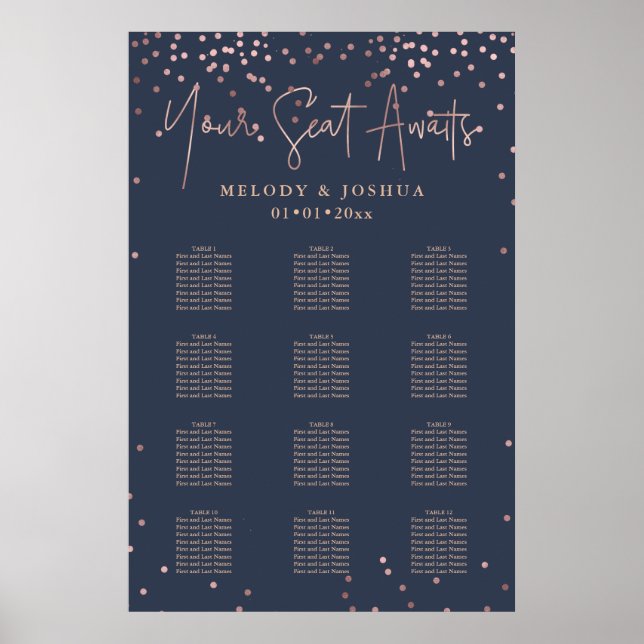 Affiche PixDezines Navy+Rose Gold Script, Seating Chart (Devant)