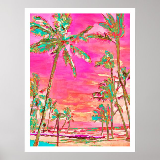 Affiche PixDezines Plage Hawaïenne/Rose/Turquoise (Devant)