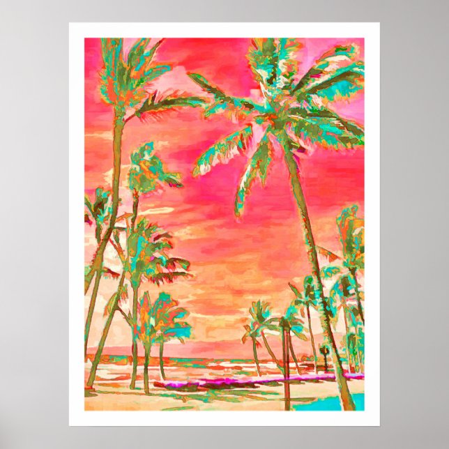 Affiche PixDezines Sunset Hawaiian Beach/Coral/Turquoise (Devant)