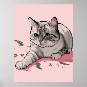 Affiche Pixel Art Gris Ragdoll Chat aux yeux bleus