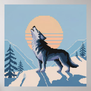 Affiche Pixel Art Howling Wolf au coucher du soleil