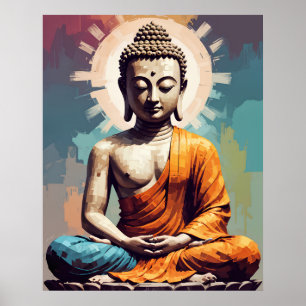 Affiche Pixel Art moderne Bouddha coloré