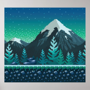 Affiche Pixel Art : Nuit des Montagnes Neiges.