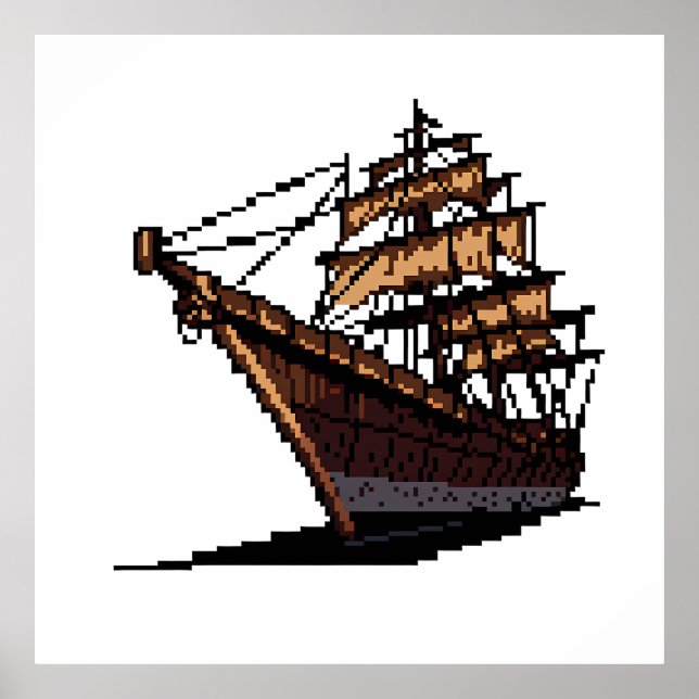 Affiche Pixel Art Pirate Ship on Grey Background (Devant)