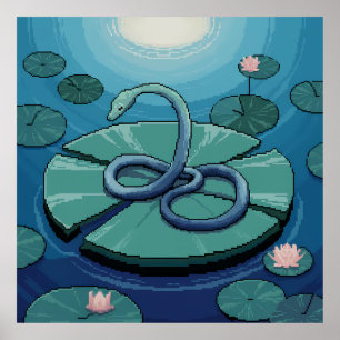 Affiche Pixel Art Serpent Bleu sur une feuille de nénuphar