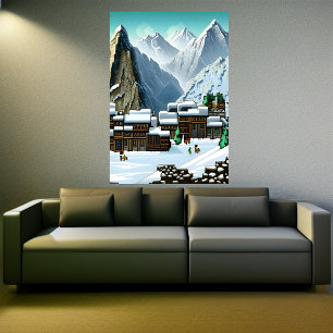 Affiche Pixel art, Village de montagne dans la neige   Art