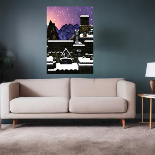 Affiche Pixel art, village en montagne enneigée   Art AI