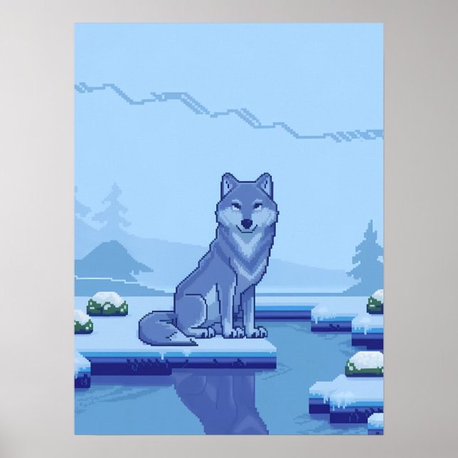 Affiche Pixel Art Wolf dans un paysage enneigé (Devant)