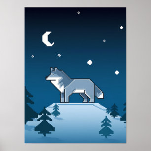 Affiche Pixel Art Wolf solitaire sous la lune