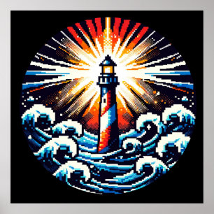 Affiche Pixel Lighthouse - Ocean Waves & Coastal Beacon